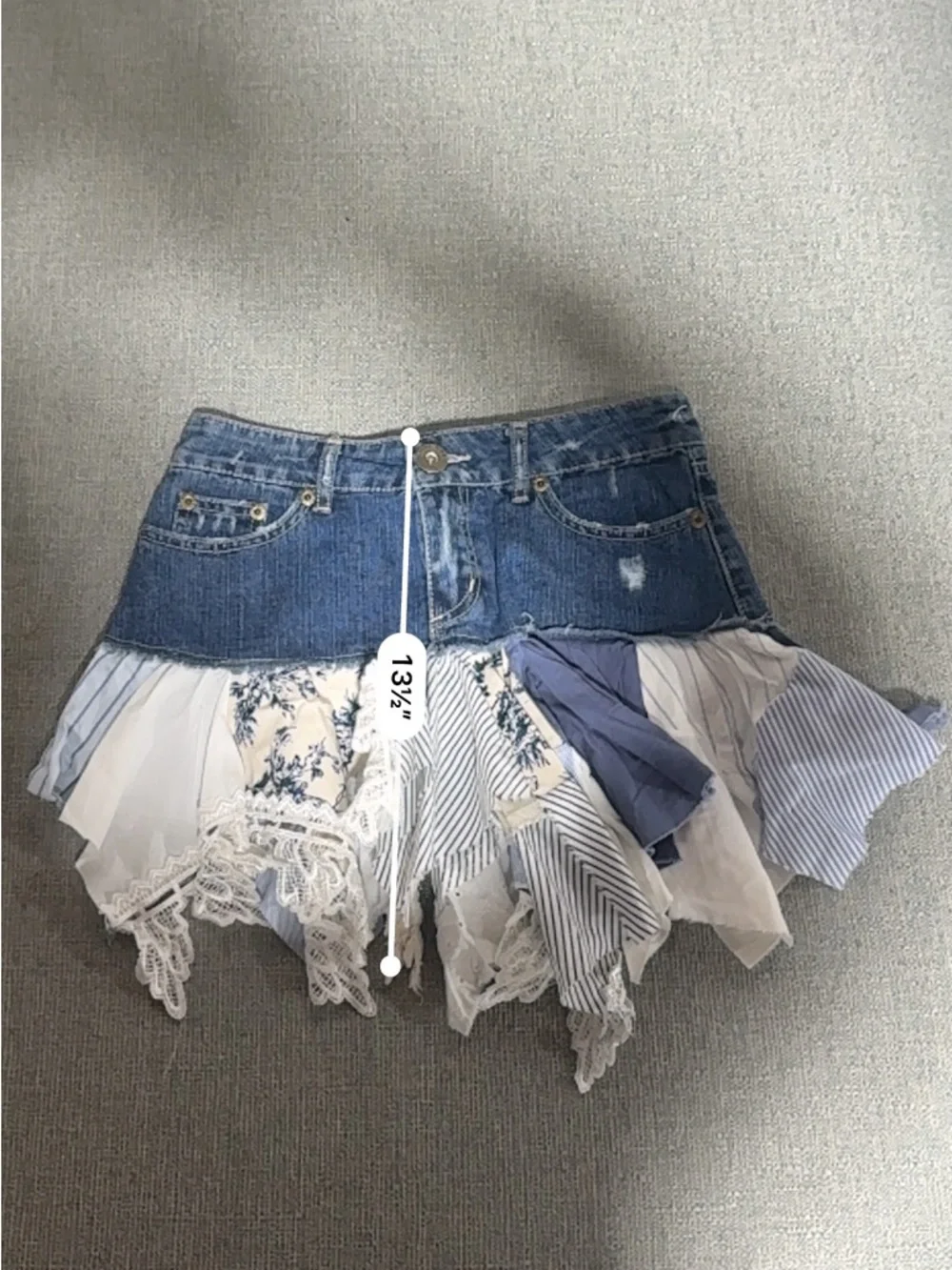 🆕WT Blue Time Upcycled Patchwork Denim Mini Skirt XS Boho Ruffle Hem